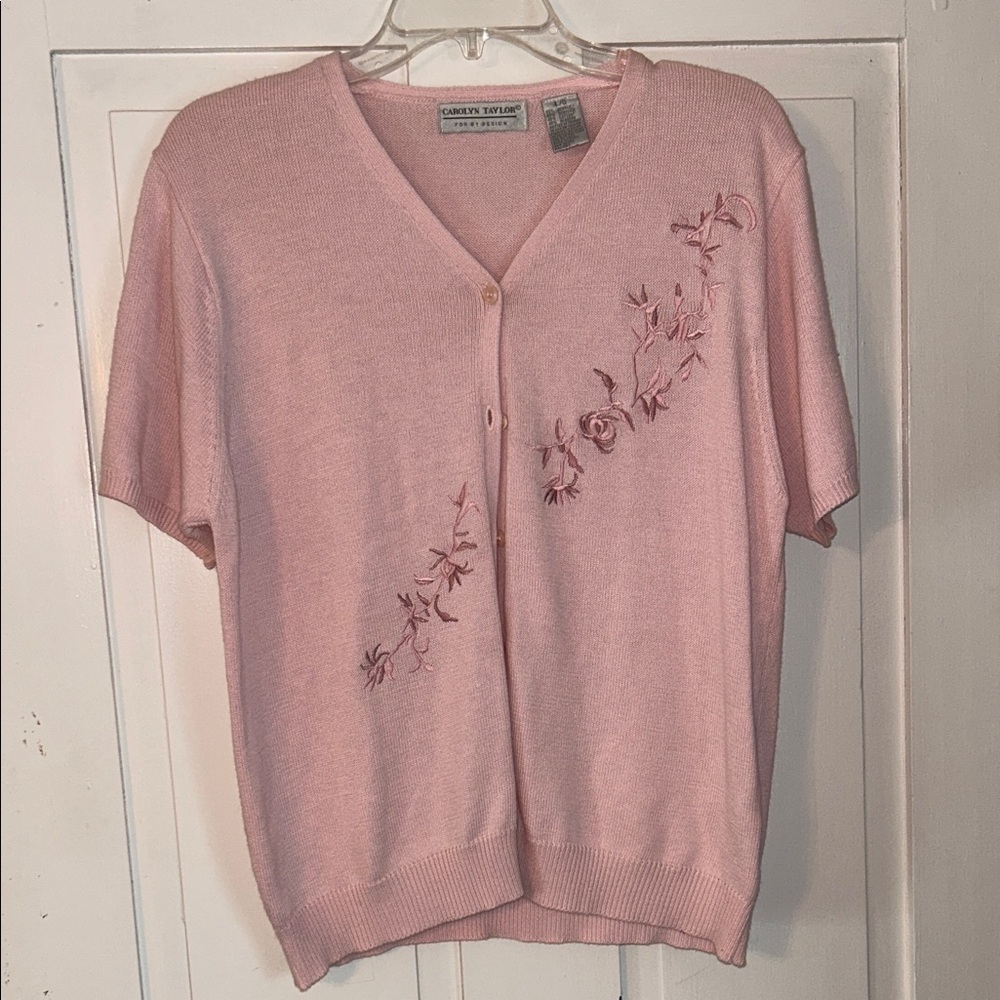 VTG Women’s Light Pink Floral Cardigan L Short Sleeve Embroidered Cottage Soft